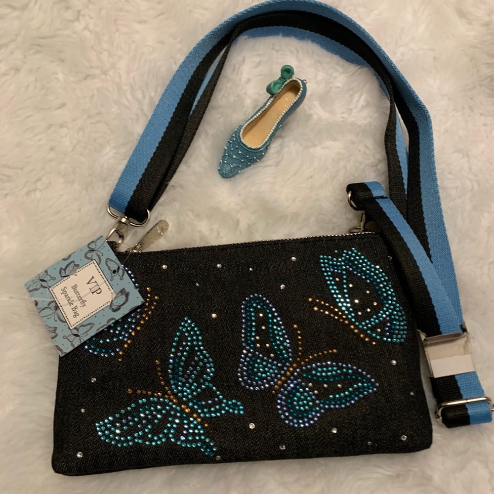 BRIGHTON VIP black denim Sparkle Butterfly crossbody bag NWT